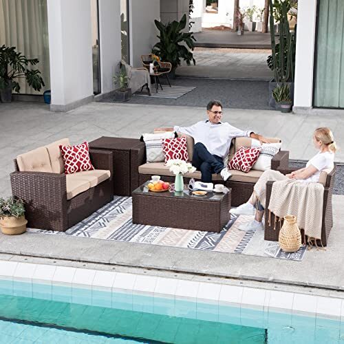 Super-Patio-8-Pieces-Patio-Furniture-Set-Outdoor-Sectional-Sofa-All-Weather-PE-Wicker-Patio-Conversation-Sets-with-Storage-Box-Tempered-Glass-Coffee-Table-Three-Red-Pillows-Brown